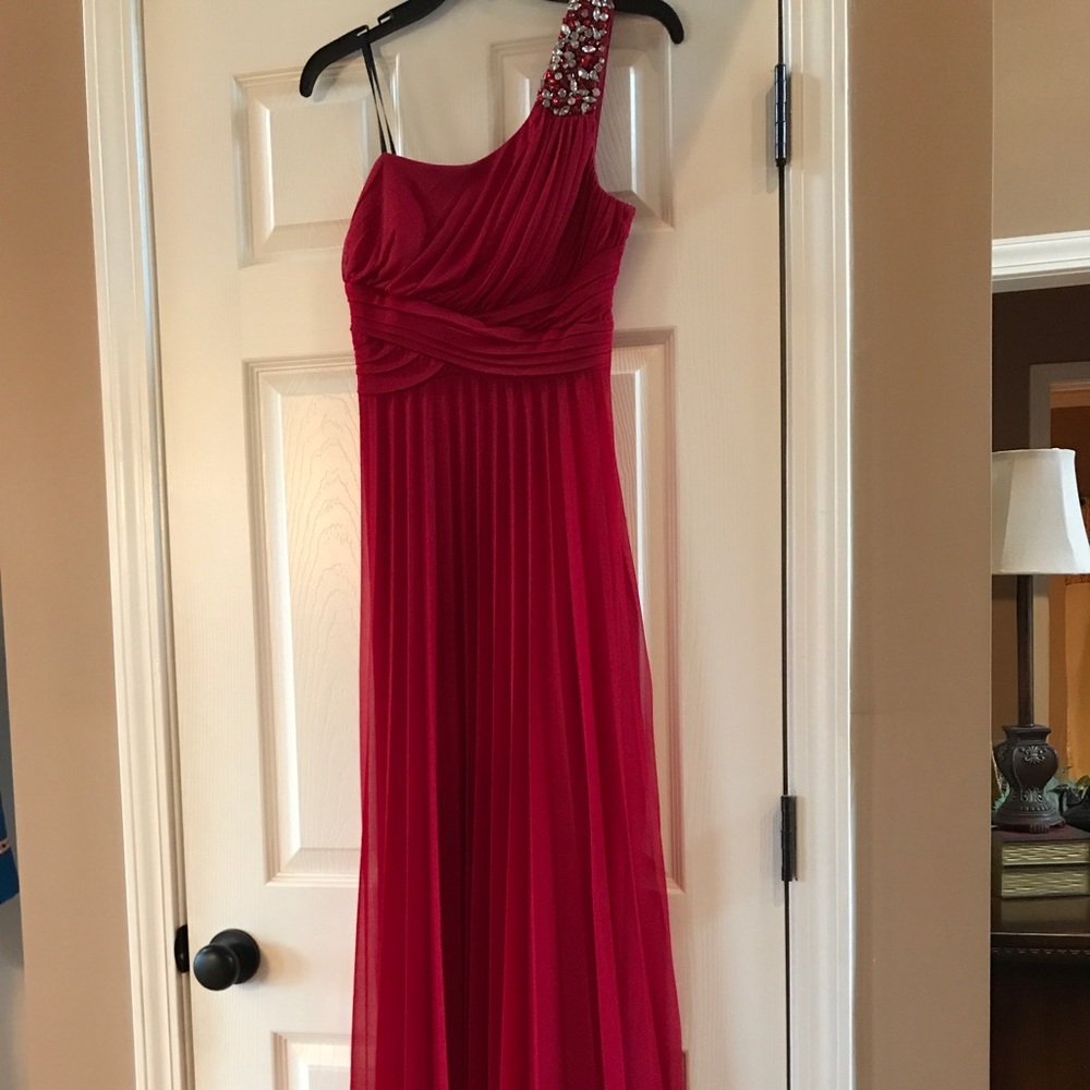Long Red Beaded One Shoulder Formal Dress
